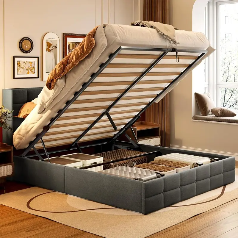 Gizoon Queen Lift Up Storage Bed with Storage, Upholstered Platform Bed Frame with Modern Wingback Headboard, Woodern Slats S...