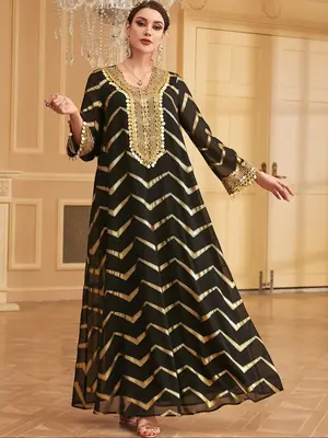 Arabic Clothing- Wave Pattern Hot Stamping Contrast Sequin Fringe Trim Dress, Elegant Long Sleeve V Neck Long Dress for Women...