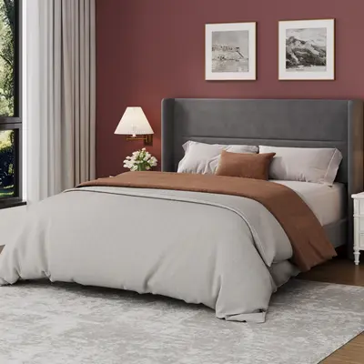Garvee Queen Bed Frame with Wingback Headboard, Velvet Upholstered Platform Bed Frame with Sturdy Wooden Slats Support Queen ...