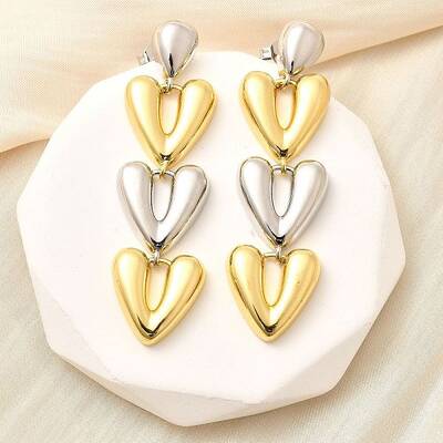Heart Brass Dangle Stud Earrings