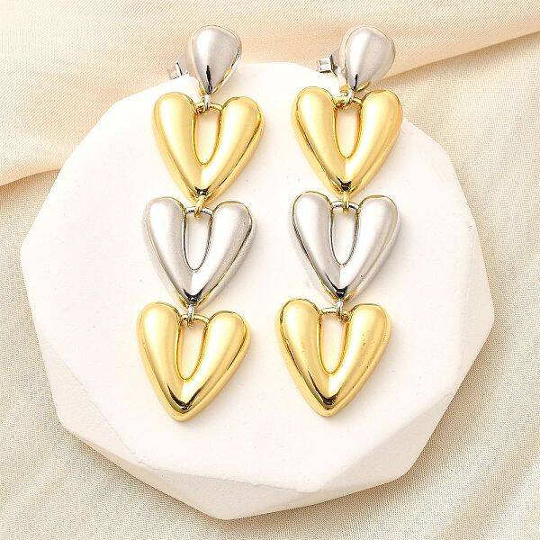 Heart Brass Dangle Stud Earrings