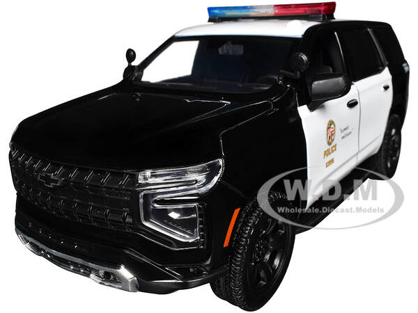 2025 Chevrolet Tahoe PPV LAPD (Los Angeles Police Department) Black and White with Flashing Light Bar and Front and Rear Li...