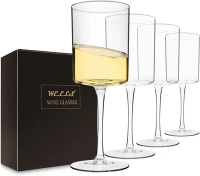 Large Square Wine Glasses Set of 4 Crystal,17oz Clear Cylinder Wine Glassware Flat Bottom,Hand Blown White Red Wine Glass wit...