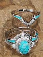 Fashion Boho Western Style Turquoise & Rhinestone Decor Stacking Rings, New Trend Hand Jewelry for Women & Men,fashion Jewelr...