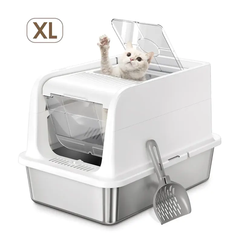 Courpal Extra Large Stainless Steel Litter Box for Big Cat with Lid Top: 2-entry Large Litter Box - Enclosed & Open Adjustabl...