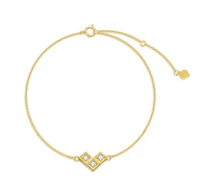 14K Gold Round Zircon Square Charm Bracelet