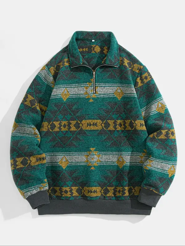 Men's Ethnic Pattern Half Zip Up Mock Neck Jacket, Loose Casual Long Sleeve Zip Front Outerwear for Winter, Men's Clothes for...