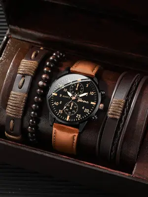 Men's Fashion Simple Pu Leather Strap Digital Pointer Quartz Watch, with Beaded & Braided Bracelet Set,  Trendy All-match & E...