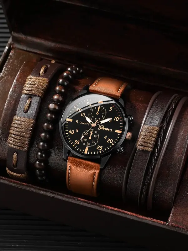 Men's Fashion Simple Pu Leather Strap Digital Pointer Quartz Watch, with Beaded & Braided Bracelet Set,  Trendy All-match & E...