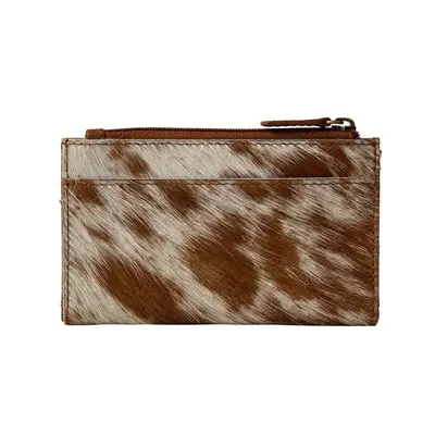 Cowhide Credit Card Holder Wallet - Hair-on Hide in Warm Caramel Colors, Zippered Pocket, Item Width 5, Item Height 3
