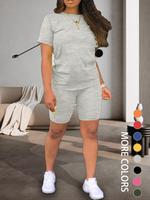 Two-piece Set Women's Plain Shorts Set, Comfort Round Neck Tee & Skinny Shorts,  Clothes Women, Back To School Outfits, Worko...
