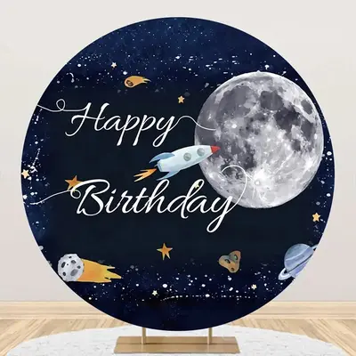 Rocket Stars Moon Galaxy Round Birthday Backdrop - Aperturee