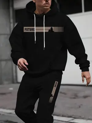 Two-piece Set Men's Tree Graphic Hoodie & Drawstring Waist Sweatpants, Regular Fit Casual Long Sleeve Hooded Sweatshirt & Poc...