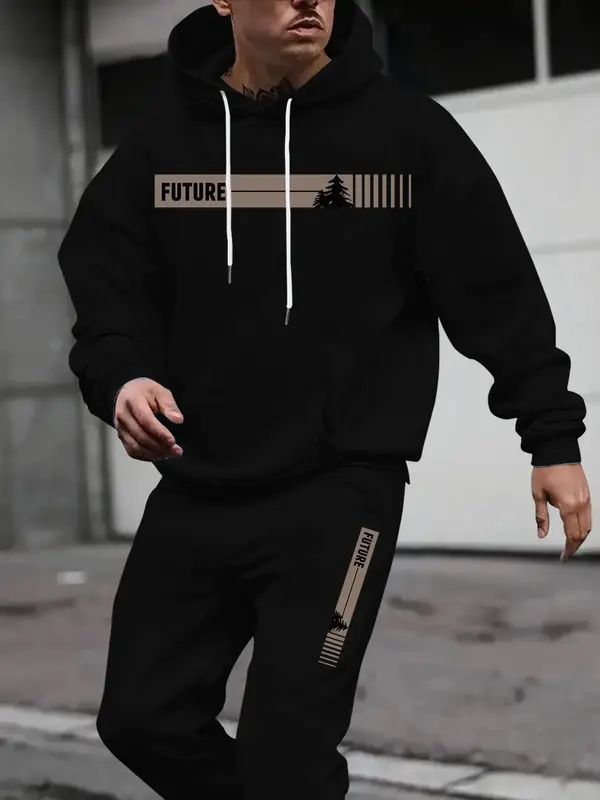 Two-piece Set Men's Tree Graphic Hoodie & Drawstring Waist Sweatpants, Regular Fit Casual Long Sleeve Hooded Sweatshirt & Poc...