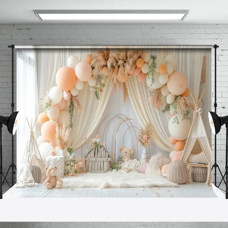 Aperturee Boho Tent Hay Balloons Arch Bear Cake Smash Backdrop, 3X2FT(1MX0.6M), 14 USD, birthday cake smash backdrops, NYHD2I...