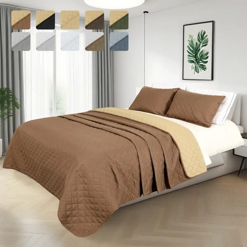 Easy-Going Reversible Quilt Set with Quilt and Pillow Shams, Soft Bed Quilt Cover, Lightweight Microfiber Bedspread, Water an...