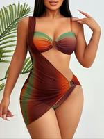 Women's Ombre Print Ring Linked Bikini Set, Casual Adjustable Strap Swim Top & Swim Bottom & Cover Up Skirt Set, Ladies Swims...