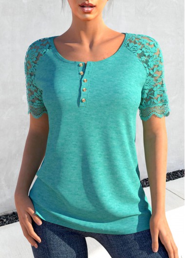 Modlily Turquoise Lace Short Sleeve Round Neck T Shirt - L