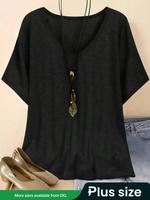 【Plus Size】 Solid V Neck Tee, Casual Short Sleeve T-Shirt for Summer, Women's Plus Clothing for Daily Wear