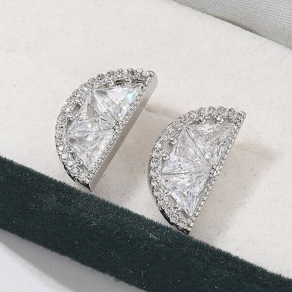 Half Round Brass Micro Pave Clear Cubic Zirconia Stud Earrings