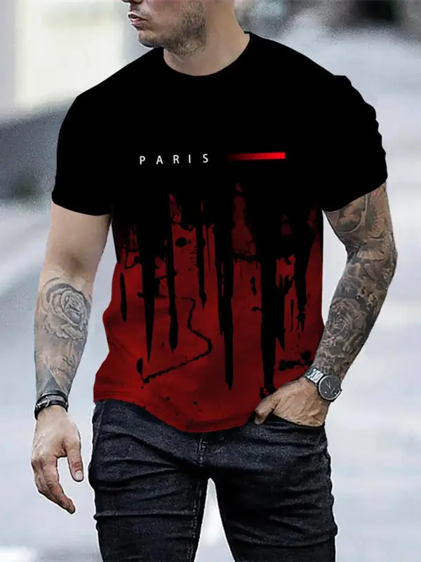 Men's Regular Fit Splash Ink & Letter Print Round Neck Tee, Casual Short Sleeve Crew Neck T-shirt for Summer, Fashion Men's T...