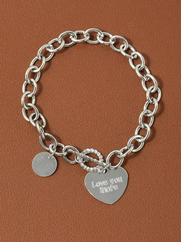 Round & Heart Charm Bracelet As Gift for Girlfriend, Fashion OT Buckle Chain Matching Bracelet, Simple Plain Casual Versatile...