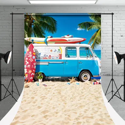 Sand Surfboard Bus Palm Trees Summer Sweep Backdrop - Aperturee