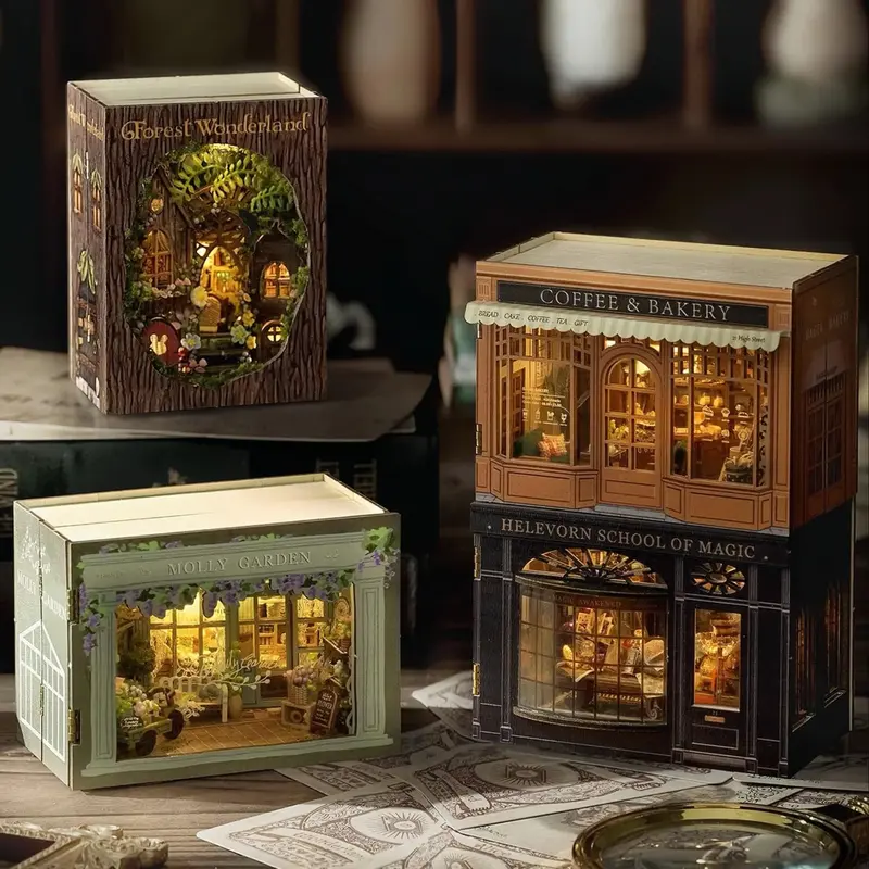 DIY Wooden Book Nook Kit, 1 Box 3D Wooden Puzzle, DIY Model Kit, 3D Desktop Decoration Ornament, DIY Model Kit for Bookshelf ...