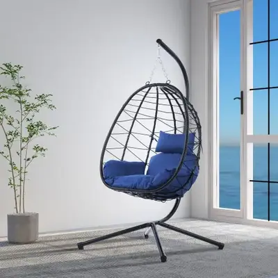 Hanging Rattan Egg Chair, Indoor Outdoor Garden Swing Chair, Elegant Hanging Chair with Stand and Comfortable Cushion for Bac...