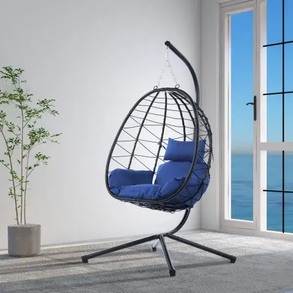 Hanging Rattan Egg Chair, Indoor Outdoor Garden Swing Chair, Elegant Hanging Chair with Stand and Comfortable Cushion for Bac...