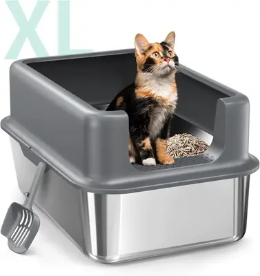FELIMODA Cat Litter Box,Stainless Steel Litter Box with Lid,Large Litter Box for Big Cats,Extra Large Kitty Litter Box with H...