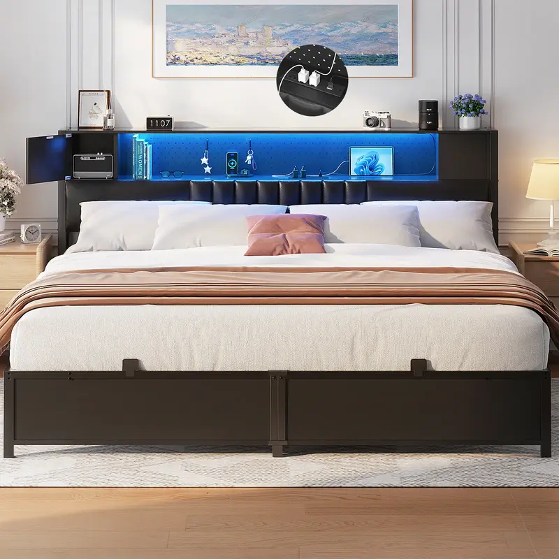 Homieasy King Size Bed Frame With LED Light and Upholstered Storage Headboard, Metal Platform Queen Size Bed Frame With Charg...