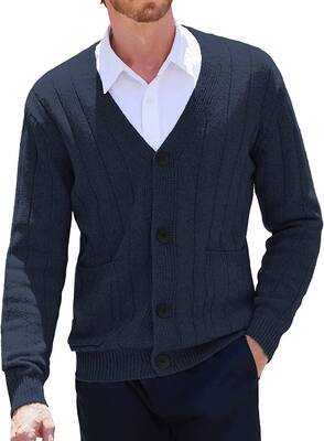 Cardigan Knit V Neck Button up Sweaters (US Only), Navy Blue / XL