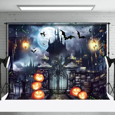 Castle Sparkling Pumpkin Witch Halloween Night Backdrop