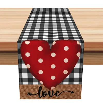 Aperturee Retro Red Heart Plaid Valentines Day Table Runner | Table Runner For Dining Table | Custom Table Cloth Runner | Flo...