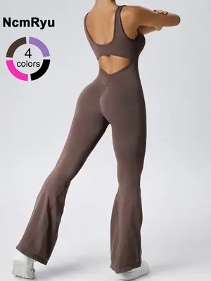 Women Flare Jumpsuits Sexy Backless Gym Bodycon Scrunch Butt Yoga Rompers Gym Clothes Push Up Sportswear