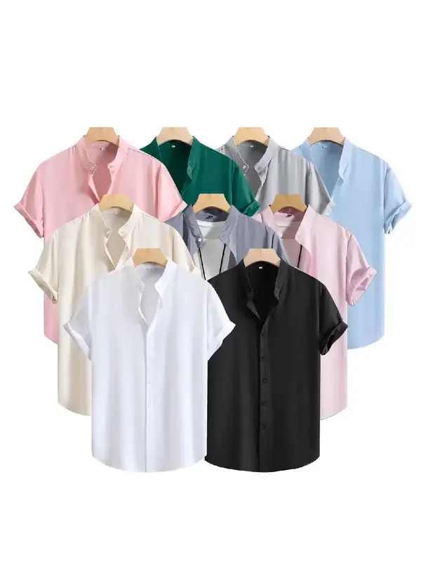 Men's Plain Short Sleeve Shirt, Regular Fit Casual Button Front Collared Shirt for Men, Streetwear Summer Outfits 2024