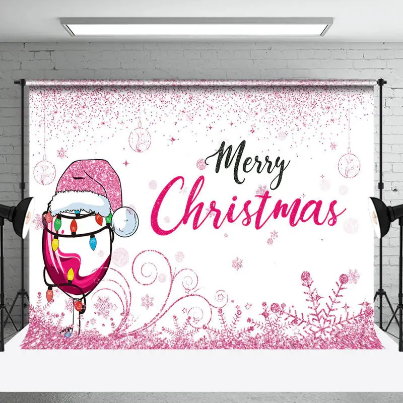 Pink Glitter Goblet Hat Merry Christmas Backdrop - Aperturee