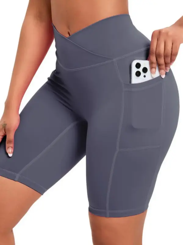 Women's Basic Plain Wrap Hem High Waist Pocket Sports Shorts, Casual Sporty Breathable Comfortable Skinny Shorts for Yoga Gym...