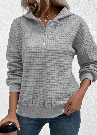 Modlily Jacquard Snap Button Grey Long Sleeve Hoodie - L
