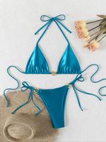 Two-Piece Set Women's Solid Metallic Bikini Set, Casual Halter Neck Tie Back Triangle Swim Bra & Tie Side Swim Panty, Ladies ...