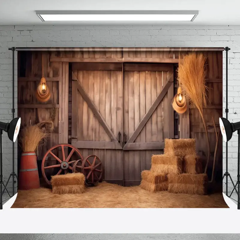 Rustic Retro Brown Hay Wooden Barn Door Backdrop - Aperturee