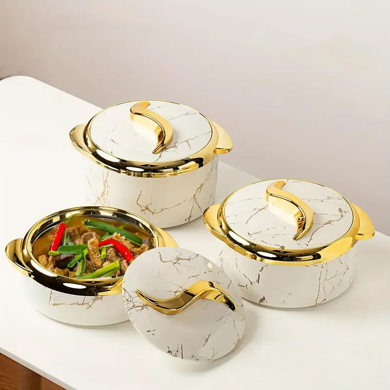3 Counts/set Golden Touch Food Warmer, Thermal Casserole Dish Set with Lids, Modern Abs Shell Insulated Home Kitchenware Stai...