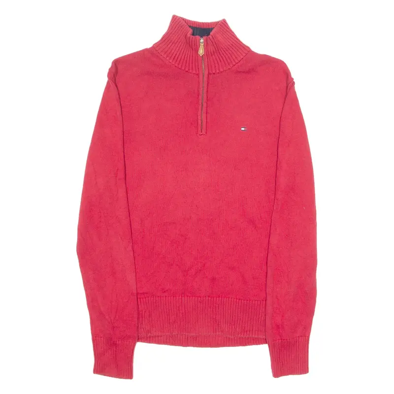TOMMY HILFIGER Mens Jumper Red 1/4 Zip Tight Knit S