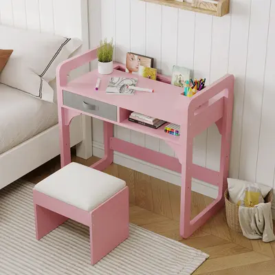 Garvee Kids Study Desk and Chair Set with Drawers and Pen Holder, Height Adjustable for Boys and Girl Ages 3-10, Pink