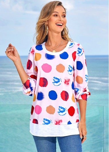 Modlily Rainbow Color Polka Dot Long Sleeve T Shirt - M