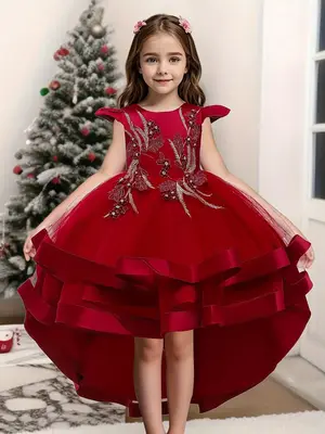 Girl's Leaf Embroidery Faux Pearls Decor High Low Hem Tulle Dress, Elegant Puff Sleeve Bow Back Zipper Back Fit & Flare Dress...