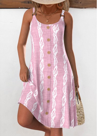 Modlily Pink Tropical Plants Print Strappy Round Neck Dress - XXL