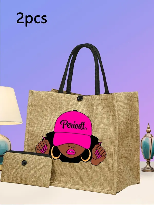 Women's Designer Letter Print Tote Bag & Small Bag, Summer Casual Large Capacity Shoulder Bag Set for Travel Vacation, Trendy...