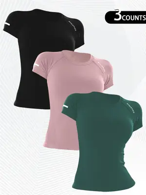 Women's Letter Print Raglan Sleeve Sports Tee, Breathable Quick Drying Round Neck Short Sleeve T-Shirt for Yoga Gym Workout R...